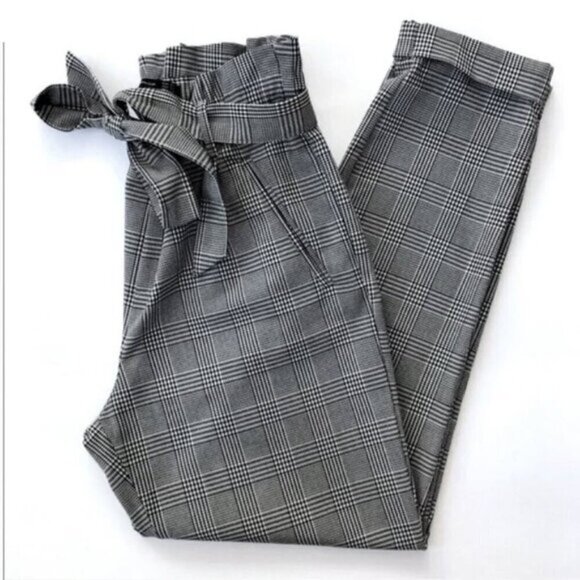 Zara Trafaluc Black And White Plaid Paper Bag Belted Trouser Pants - Picture 3 of 15